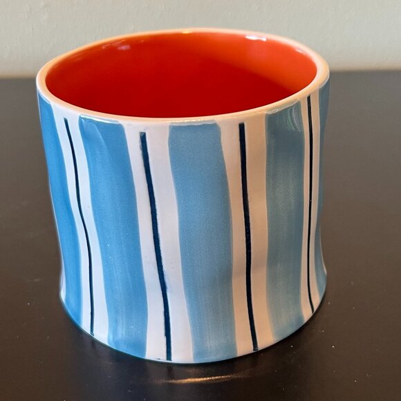 PRIMA DESIGN Oversized Wide-Mouth White & Blue Striped Mug with Orange Interior - Picture 6 of 10
